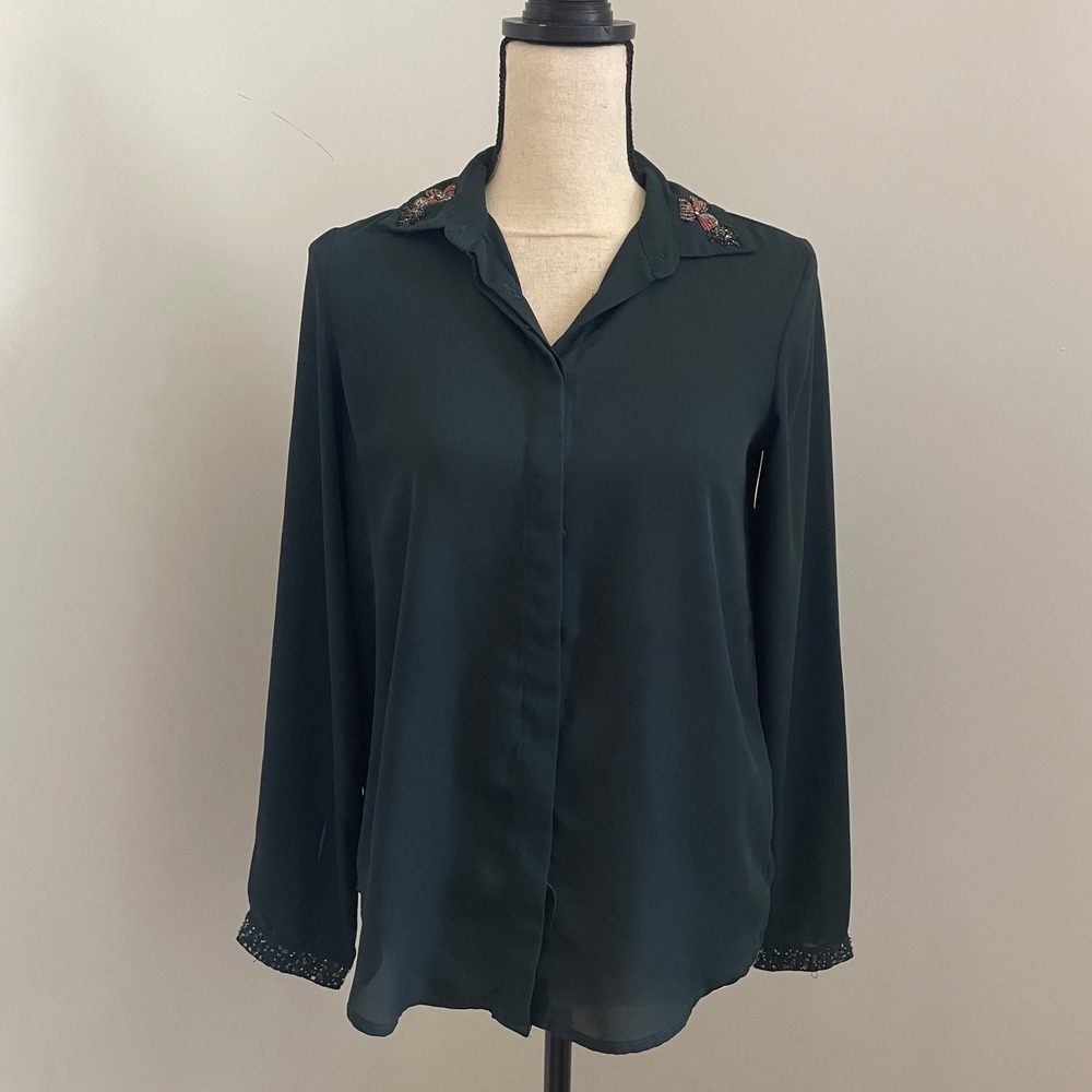 ZARA Beaded Button Down Blouse XS Dark Green Semi Sheer Office Chic Preppy Artsy